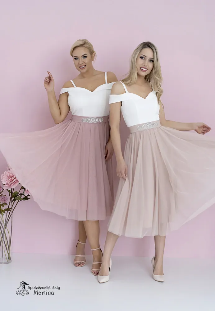 Midi bílo-starorůžové šaty pro svatebního hosta či družičku "Daisy" se spadenými ramínky - vel. 42