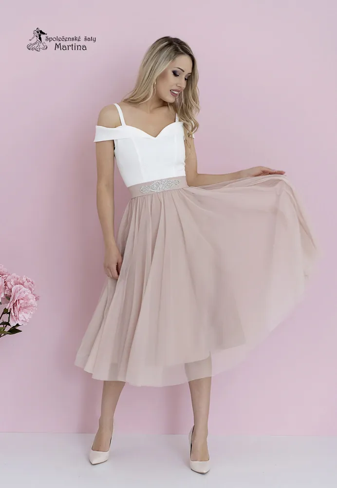 Midi bílo-cappucinové šaty pro svatebního hosta či družičku "Daisy" se spadenými ramínky - vel. 40