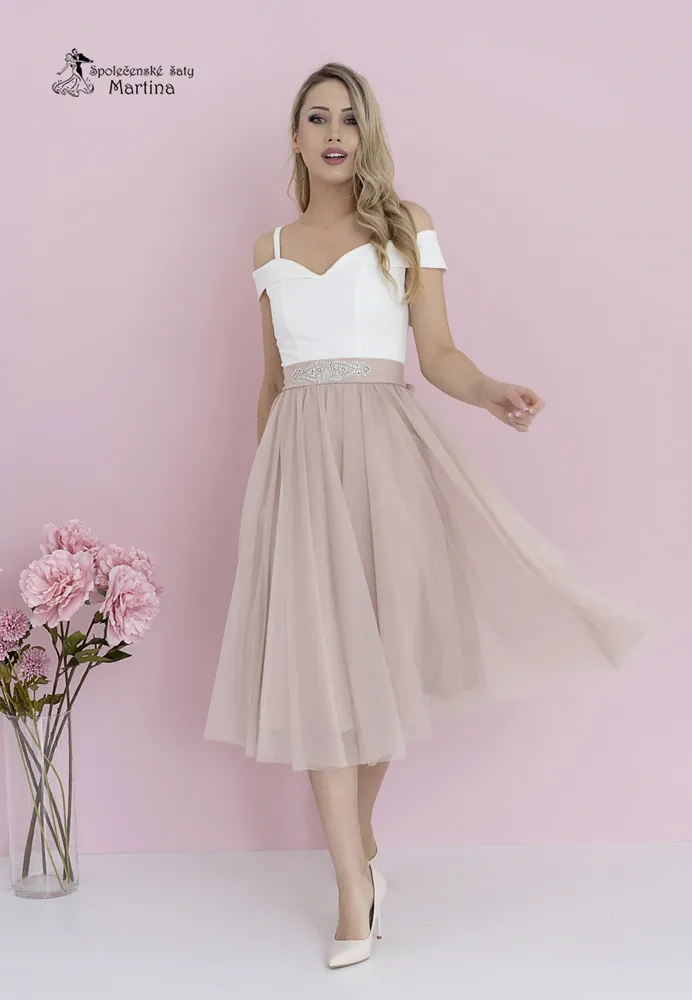 Midi bílo-cappucinové šaty pro svatebního hosta či družičku "Daisy" se spadenými ramínky - vel. 46