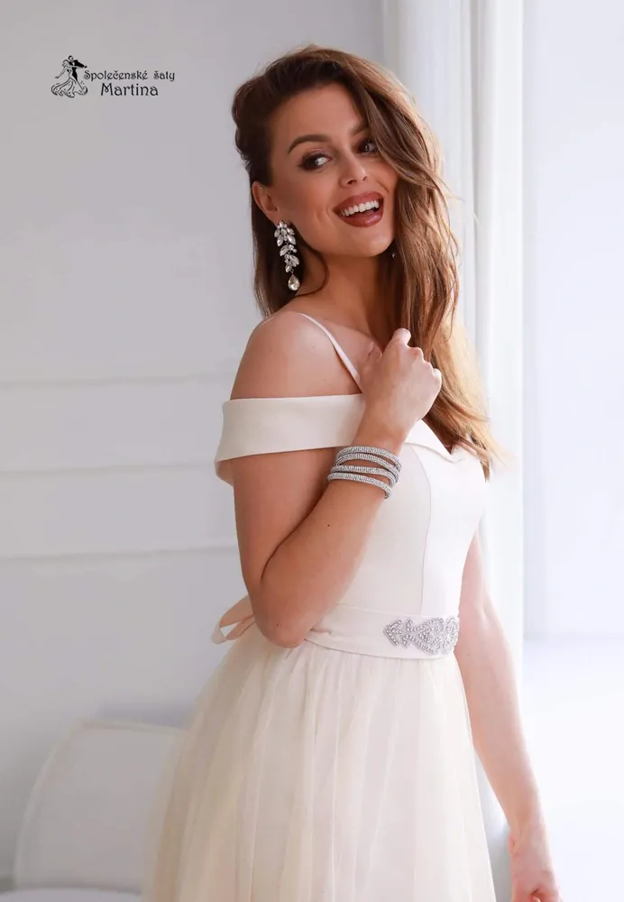 Midi champagne šaty pro svatebního hosta či družičku "Daisy" se spadenými ramínky - vel. 36