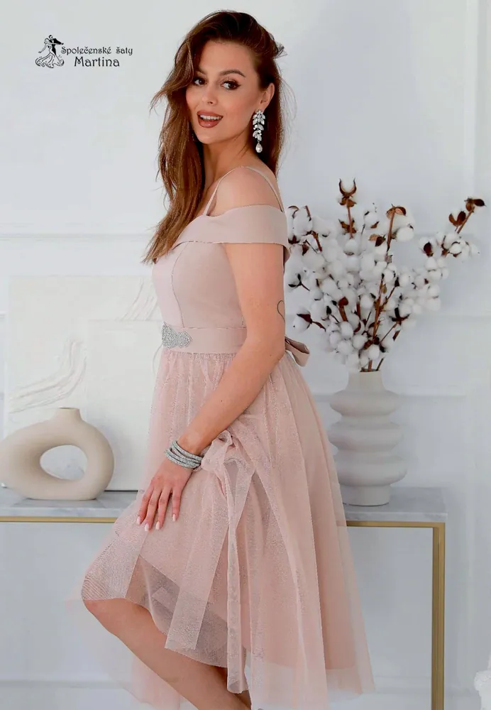 Midi starorůžové šaty pro svatebního hosta či družičku "Daisy" se spadenými ramínky - vel. 36