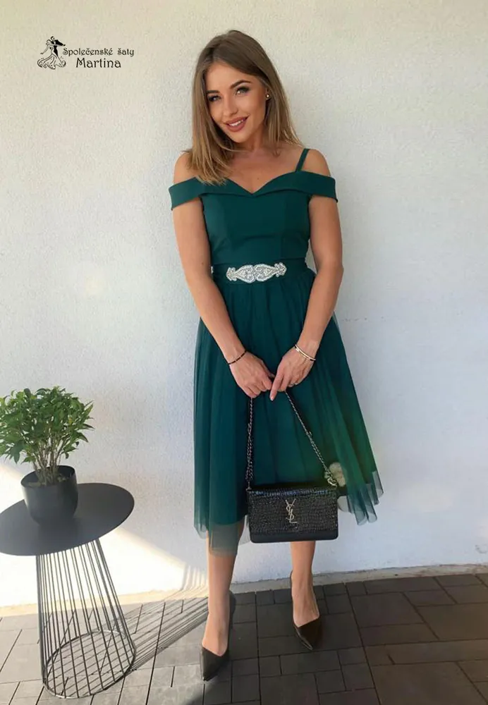 Midi lahvově zelené společenské šaty "Daisy" se spadenými ramínky - vel. 44