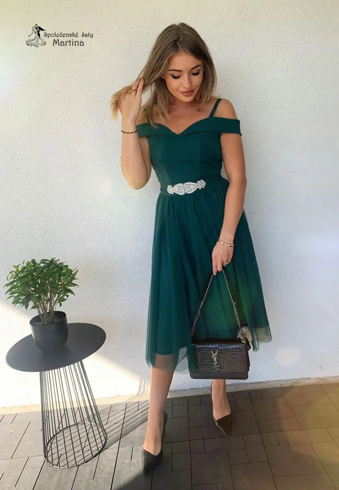 Midi lahvově zelené společenské šaty "Daisy" se spadenými ramínky - vel. 44