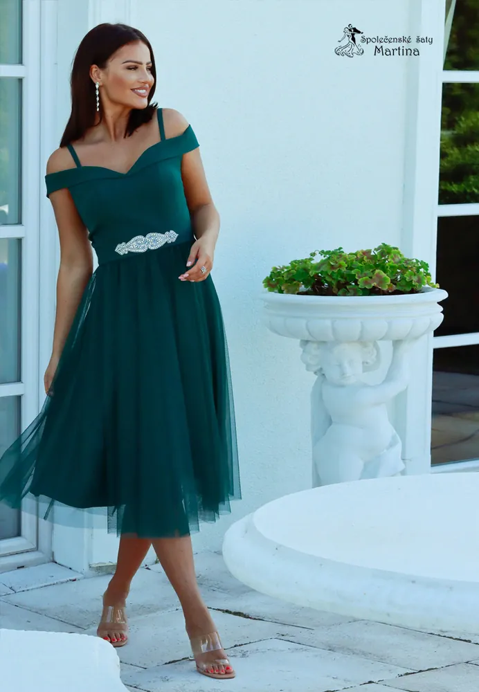 Midi lahvově zelené společenské šaty "Daisy" se spadenými ramínky - vel. 44
