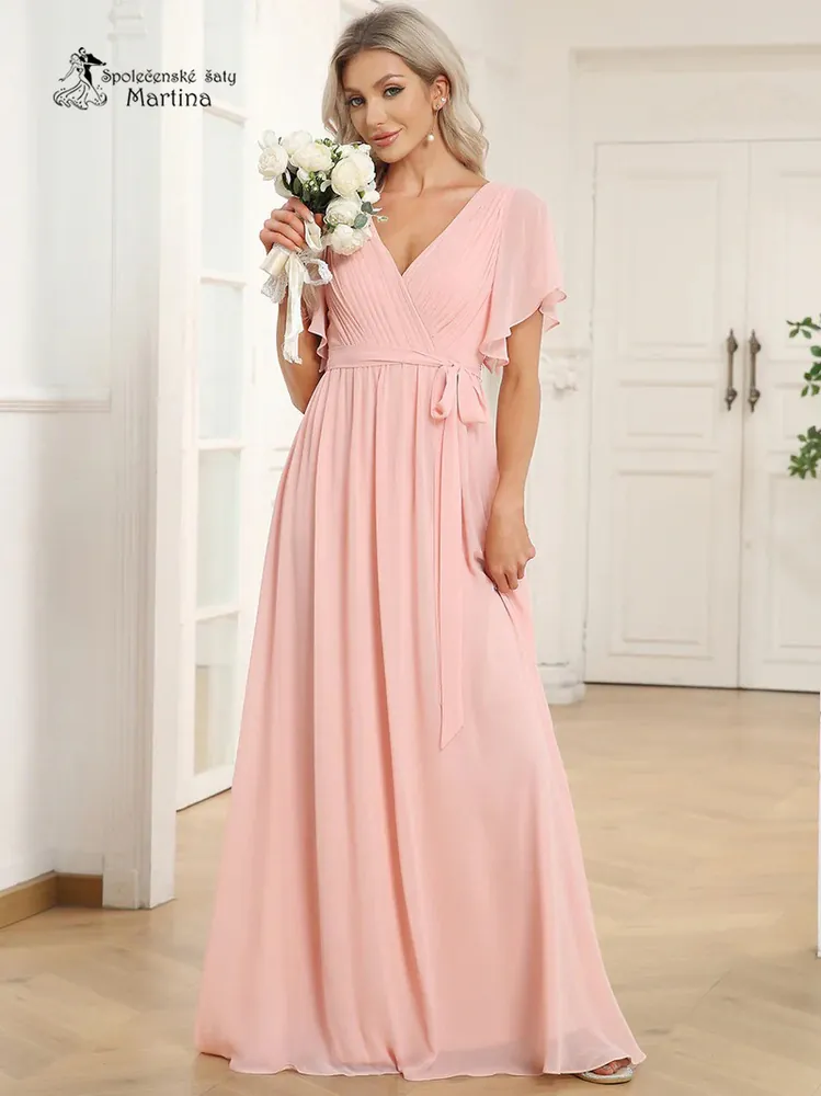 Růžové společenské šaty či pro svatebního hosta "Katherine" s volnými rukávy - vel. 46