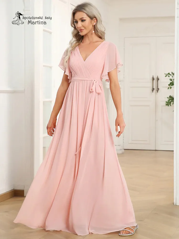 Růžové společenské šaty či pro svatebního hosta "Katherine" s volnými rukávy - vel. 46