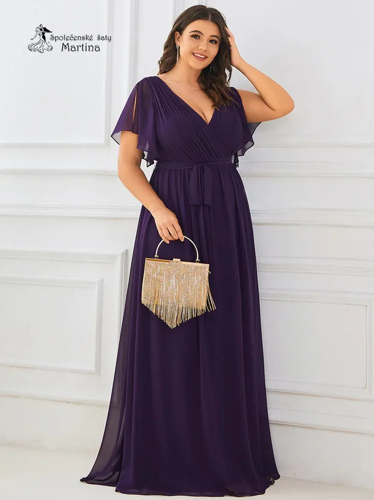Tmavě fialové společenské šaty "Katherine" s volnými rukávy - vel. 52