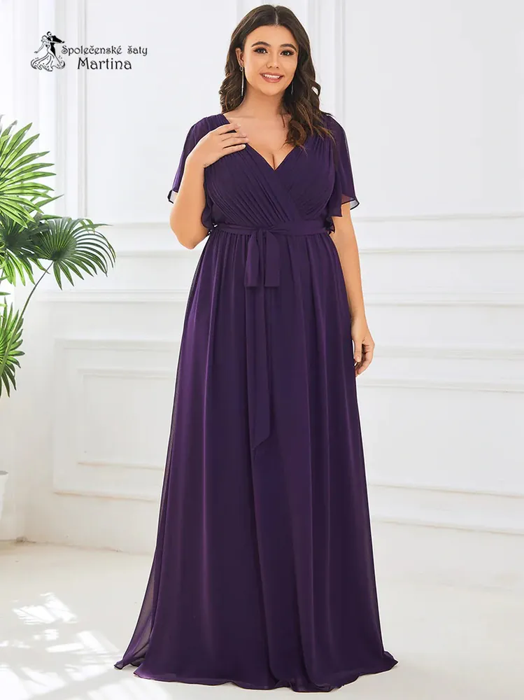 Tmavě fialové společenské šaty "Katherine" s volnými rukávy - vel. 52