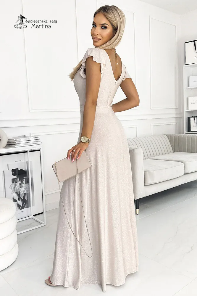 Béžové dlouhé třpytivé společenské šaty s krátkým rukávkem "Crystal" - vel. L