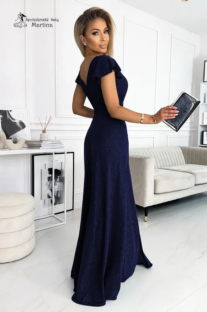 Tmavě modré dlouhé třpytivé společenské šaty s krátkým rukávkem "Crystal" - vel. S