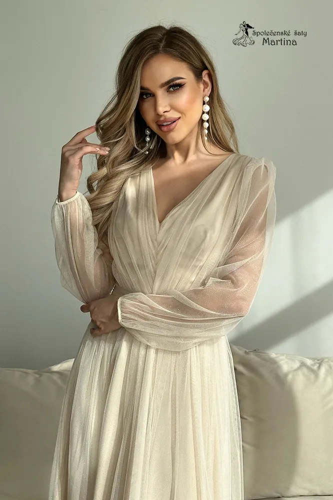 Béžové midi tylové třpytivé šaty "Becca" s rukávy - vel. 44