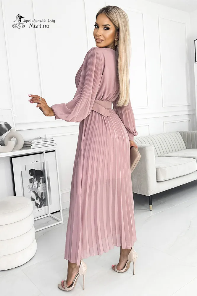 Pudrově růžové dlouhé plisované šaty pro svatebního hosta "Moyra" s dlouhým rukávem - vel. UNI