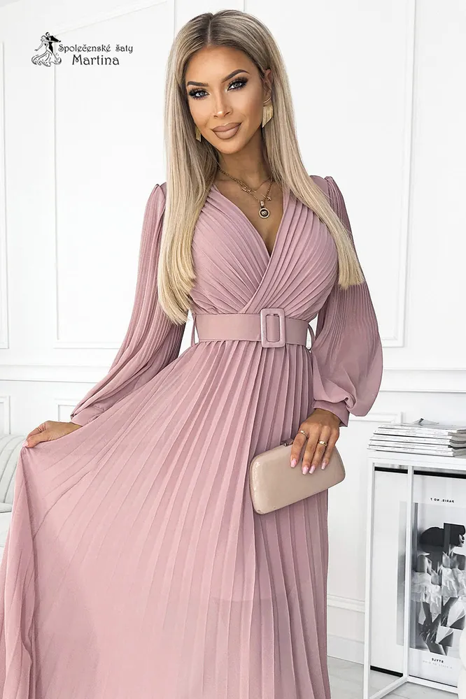 Pudrově růžové dlouhé plisované šaty pro svatebního hosta "Moyra" s dlouhým rukávem - vel. UNI