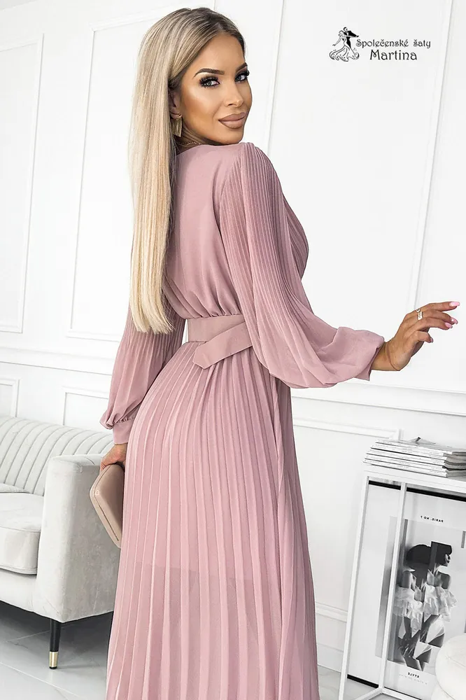 Pudrově růžové dlouhé plisované šaty pro svatebního hosta "Moyra" s dlouhým rukávem - vel. UNI