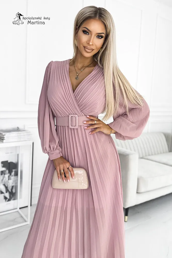 Pudrově růžové dlouhé plisované šaty pro svatebního hosta "Moyra" s dlouhým rukávem - vel. UNI