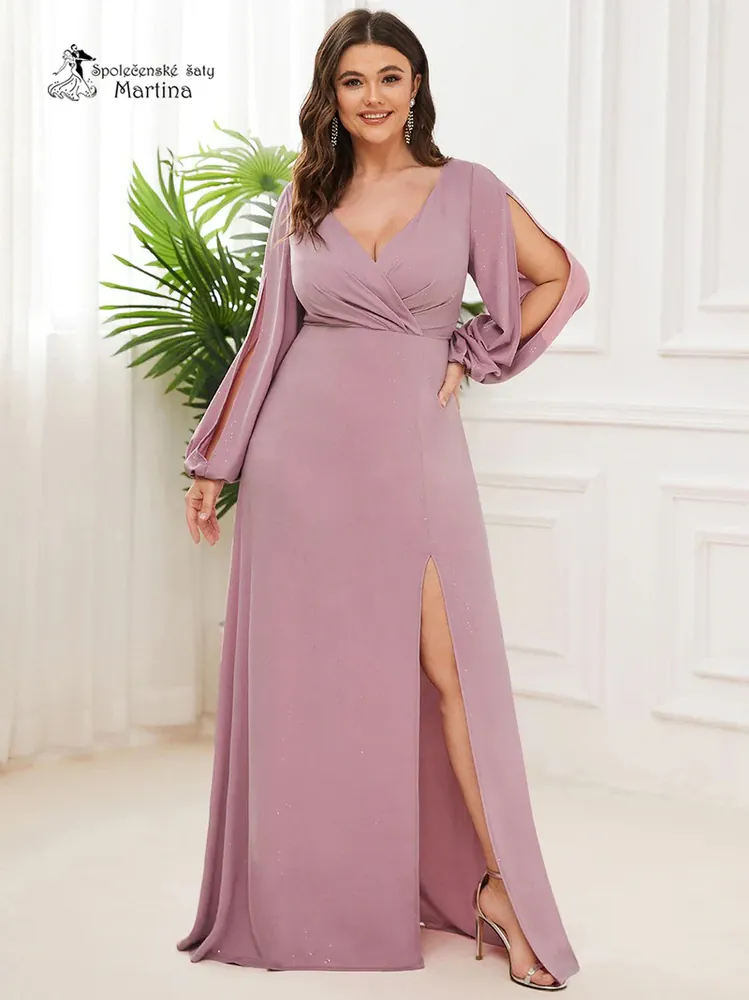 Jemně třpytivé starorůžové XXL společenské šaty "Lizette" s dlouhými rukávy - vel. 54