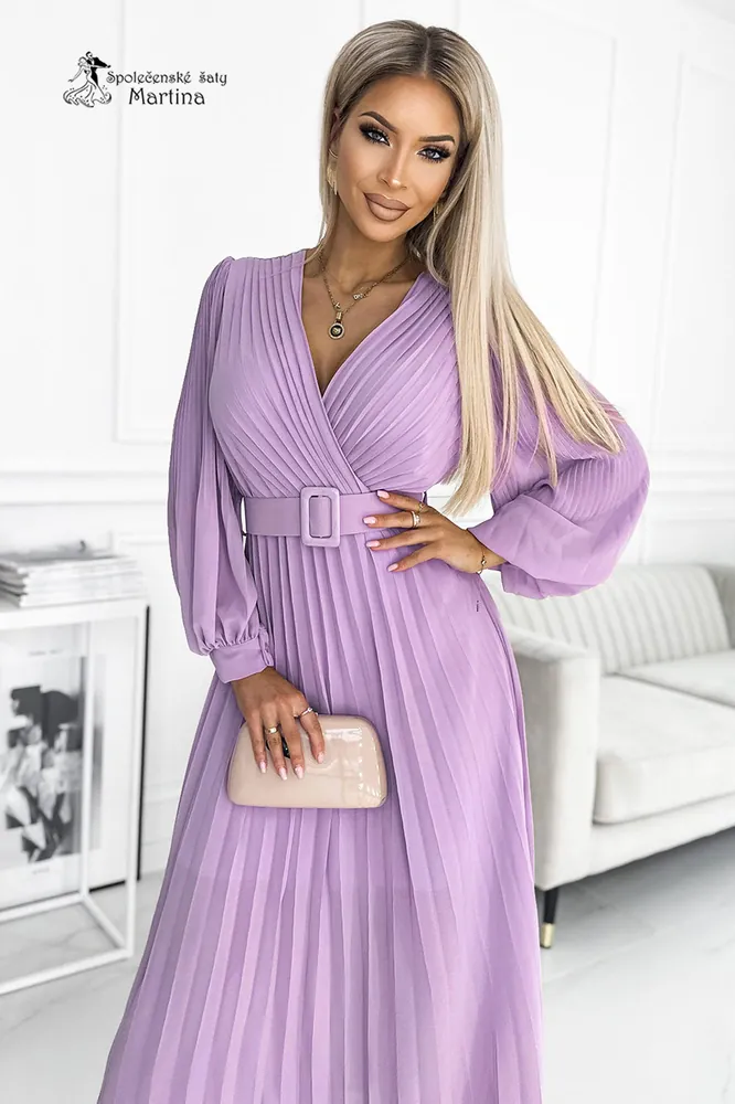 Lila dlouhé plisované šaty pro svatebního hosta "Moyra" s dlouhým rukávem - vel. UNI