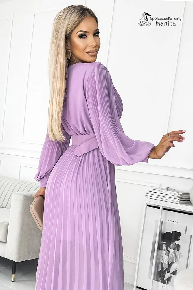 Lila dlouhé plisované šaty pro svatebního hosta "Moyra" s dlouhým rukávem - vel. UNI