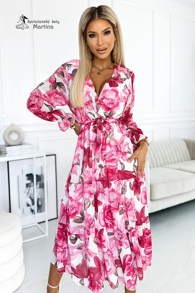 Růžové květované midi šaty "Alexina" s dlouhým rukávem - vel. UNI