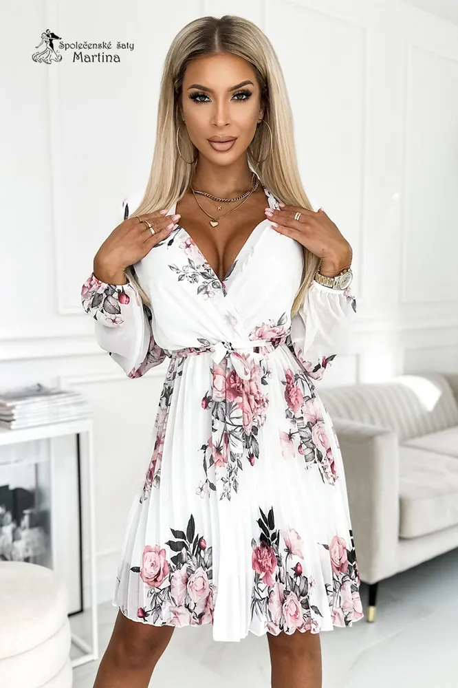 Bílé květované plisované koktejlové šaty "Meryl" s dlouhým rukávem - vel. UNI