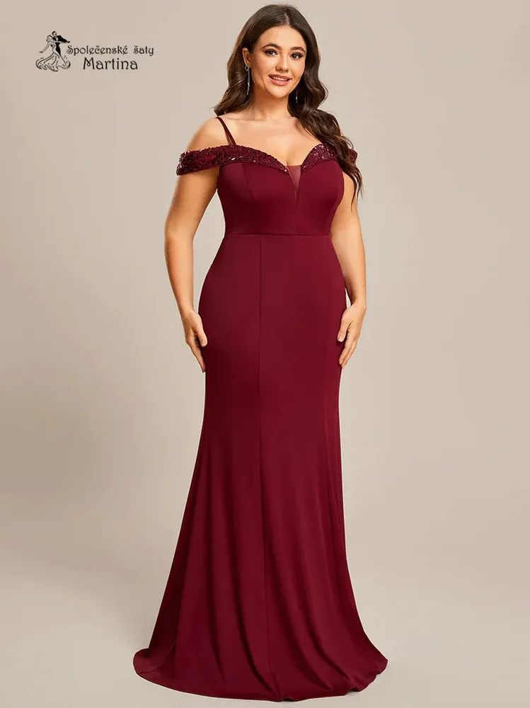 Vínové večerní bodycon šaty "Baillie" se spadenými ramínky - vel. 52