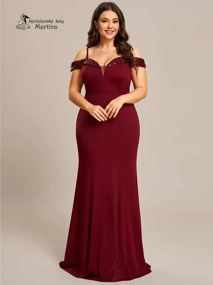 Vínové večerní bodycon šaty "Baillie" se spadenými ramínky - vel. 52