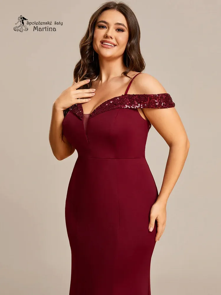 Vínové večerní bodycon šaty "Baillie" se spadenými ramínky - vel. 52