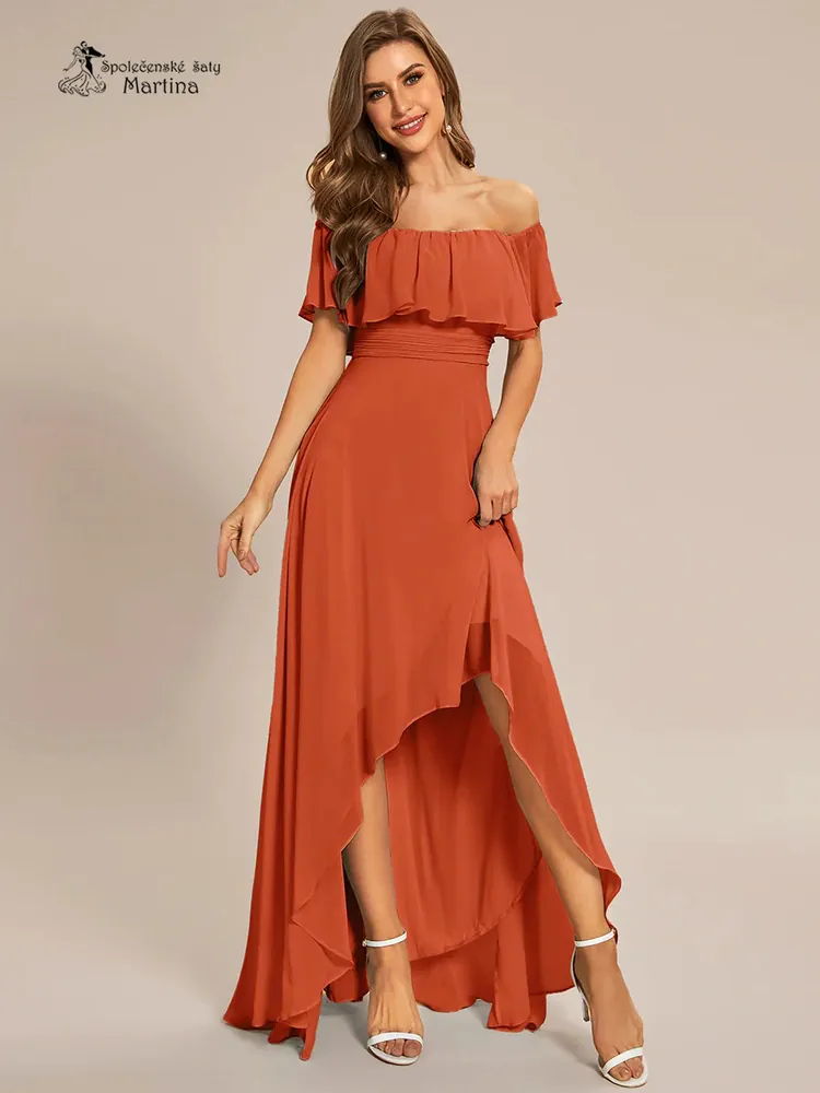 Asymetrické oranžové šaty pro svatebního hosta "Aimee" se spadenými volánkovými ramínky - vel. 38