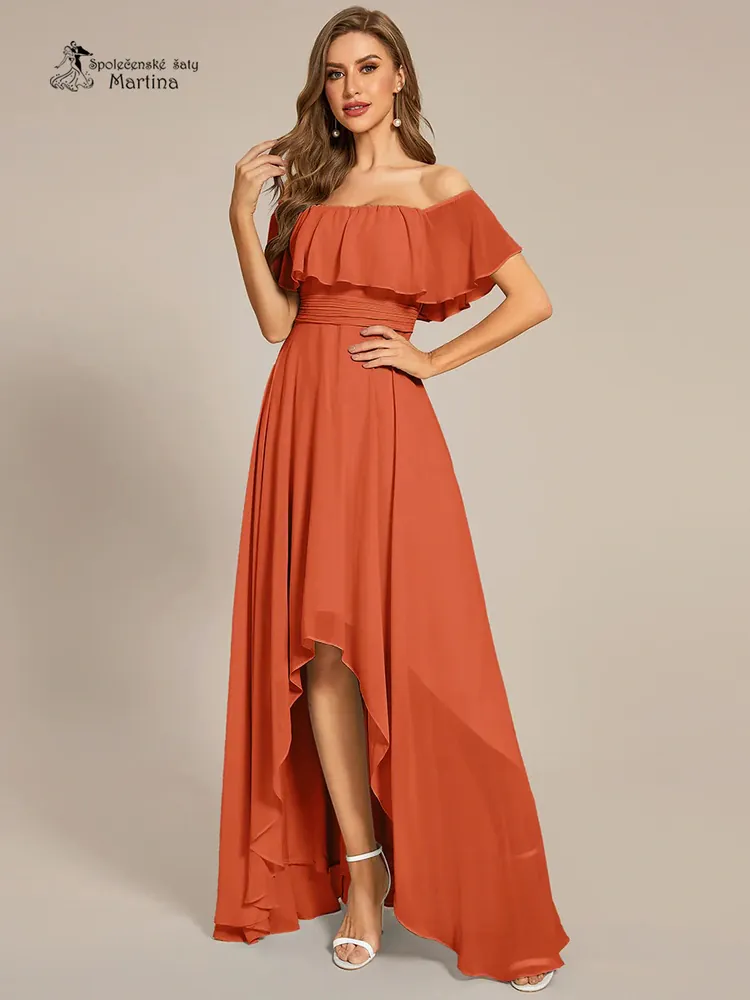 Asymetrické oranžové šaty pro svatebního hosta "Aimee" se spadenými volánkovými ramínky - vel. 38