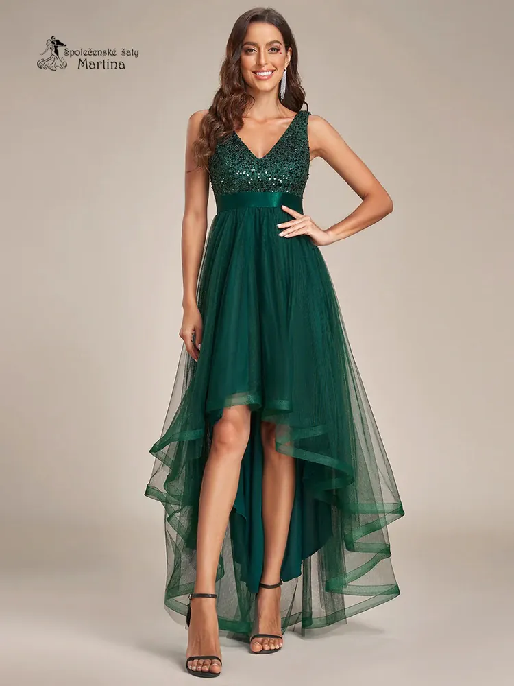 Zelené asymetrické tylové společenské šaty "Leslie" s flitrovým živůtkem - vel. 34