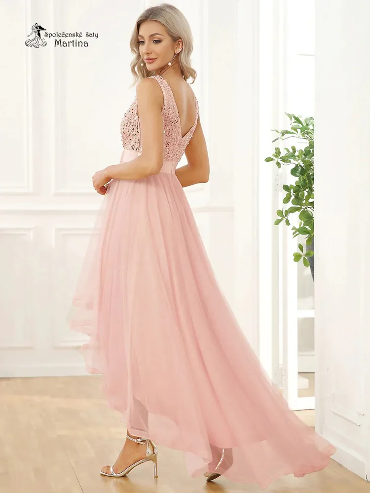 Světle růžové asymetrické tylové společenské šaty "Leslie" s flitrovým živůtkem - vel. 34