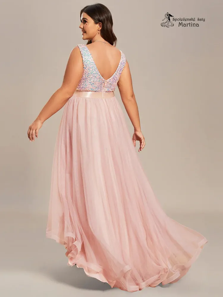 Světle růžové asymetrické tylové společenské šaty "Leslie" s flitrovým živůtkem - vel. 54