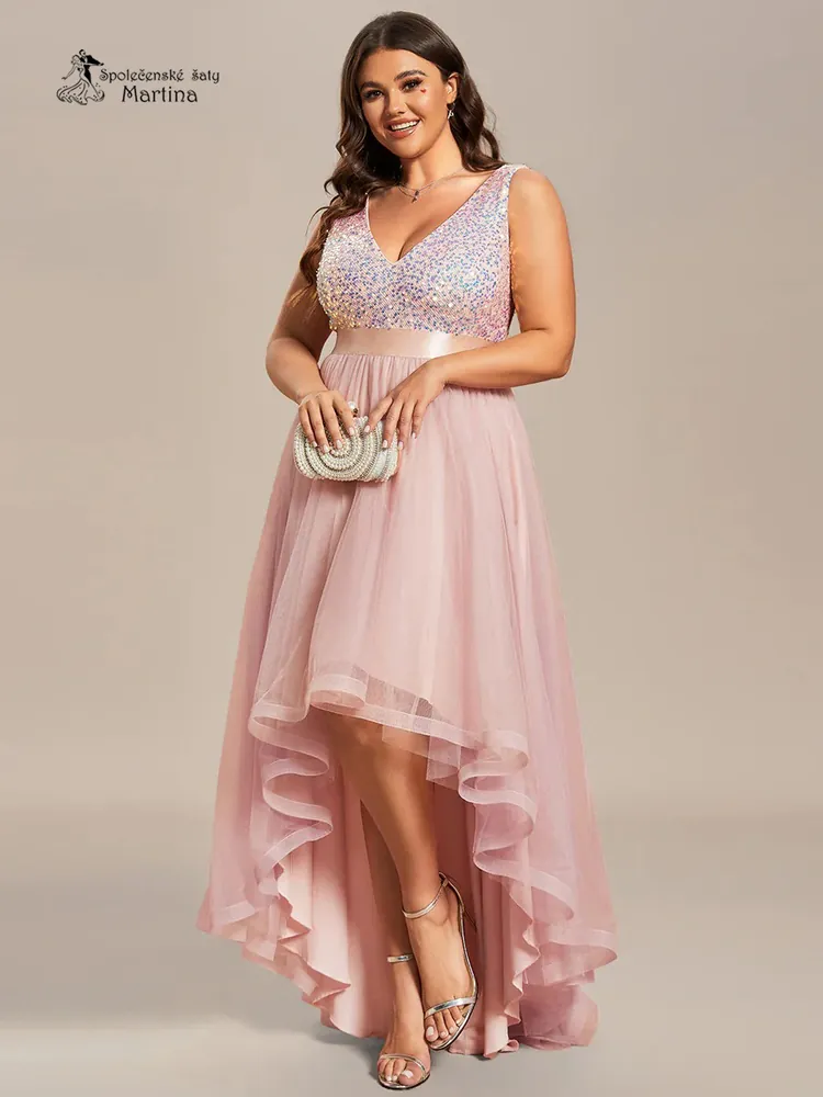Světle růžové asymetrické tylové společenské šaty "Leslie" s flitrovým živůtkem - vel. 54