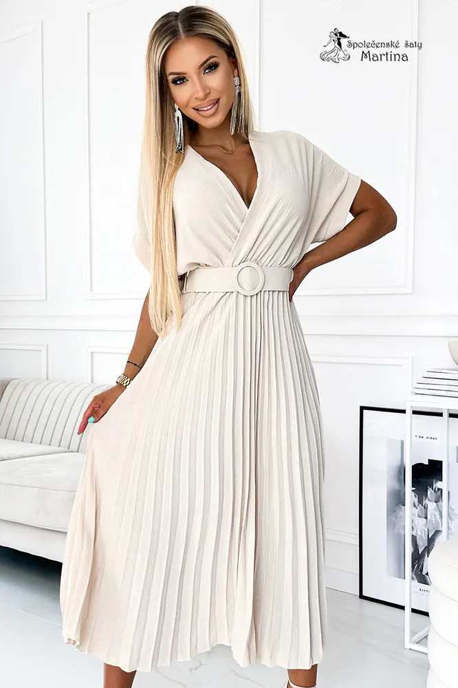 Béžové midi šaty s plisovanou sukní "Nicky" - vel. UNI