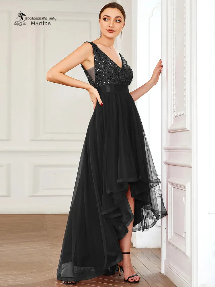 Černé asymetrické tylové společenské šaty "Leslie" s flitrovým živůtkem - vel. 40
