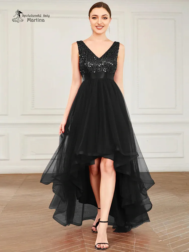Černé asymetrické tylové společenské šaty "Leslie" s flitrovým živůtkem - vel. 40