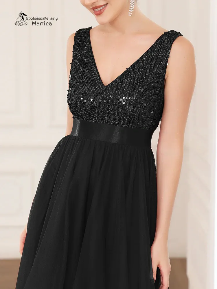 Černé asymetrické tylové společenské šaty "Leslie" s flitrovým živůtkem - vel. 40