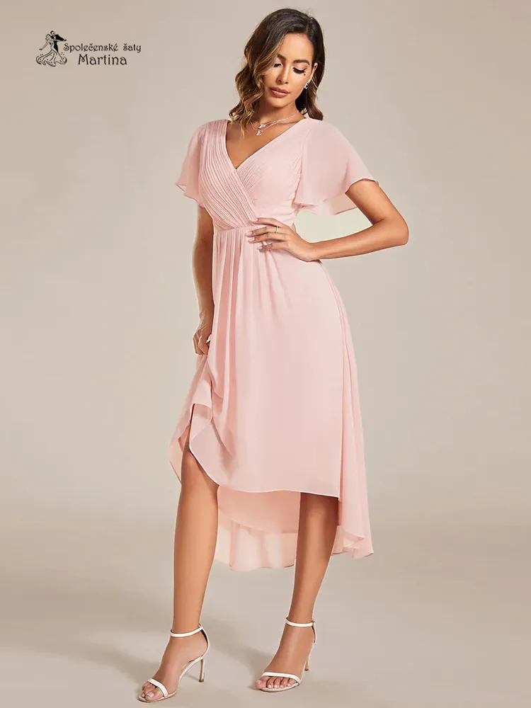 Růžové midi asymetrické šifonové šaty s volným rukávem "Debra" - vel. 34