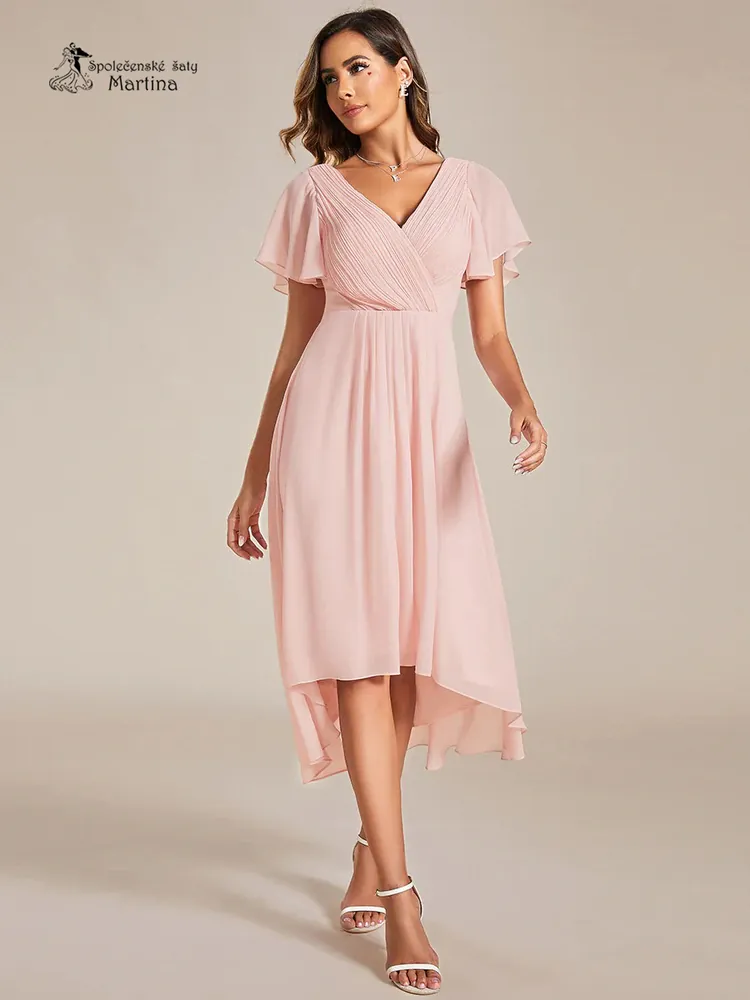 Růžové midi asymetrické šifonové šaty s volným rukávem "Debra" - vel. 34