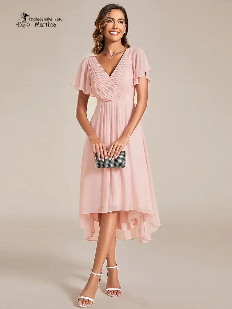 Růžové midi asymetrické šifonové šaty s volným rukávem "Debra" - vel. 44