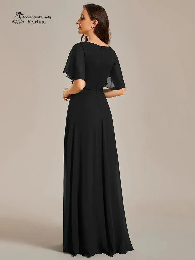 Černé šifonové šaty "Pandora" s volným rukávem a aplikací v pase - vel. 40