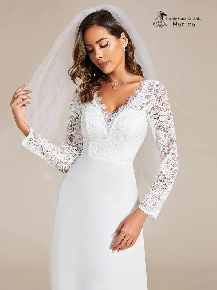 Bílé svatební šifonové šaty s krajkovým živůtkem a dlouhým rukávem "Akira" - vel. 32