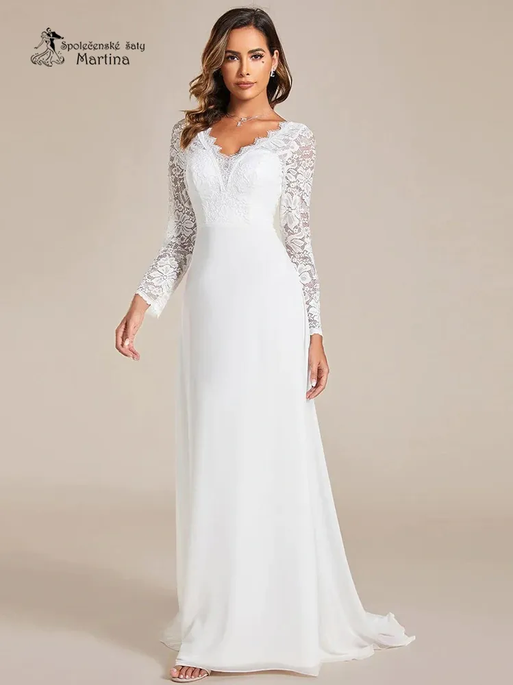 Bílé svatební šifonové šaty s krajkovým živůtkem a dlouhým rukávem "Akira" - vel. 40