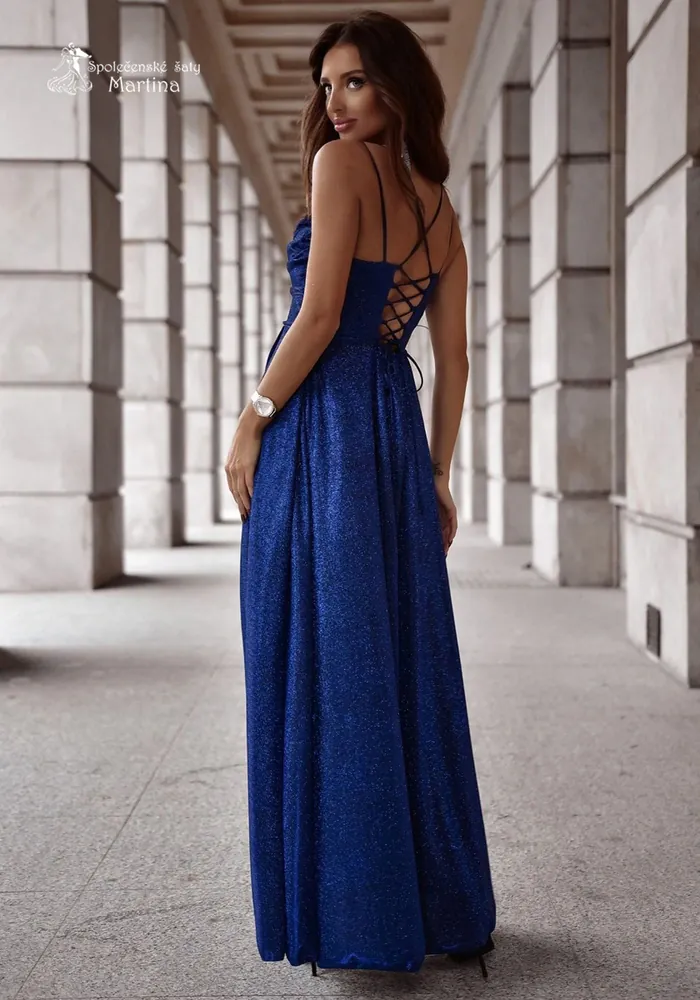 Tmavě modré brokátové společenské šaty "Valeria" s výstřihem "voda" - vel. 40