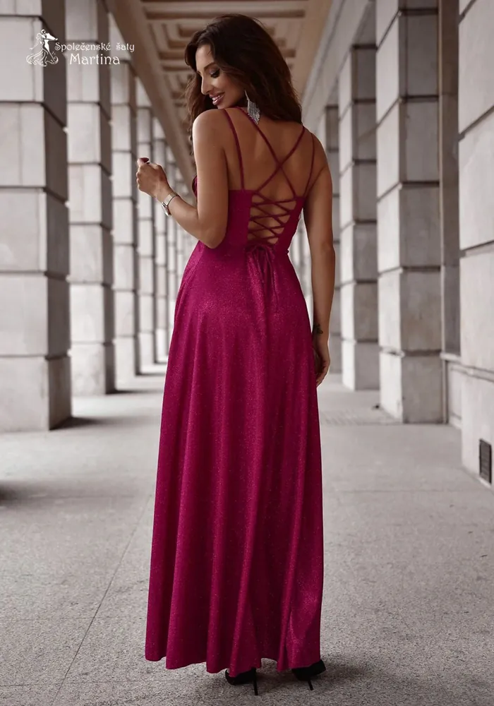 Amarantové brokátové společenské šaty "Valeria" s výstřihem "voda" - vel. 38