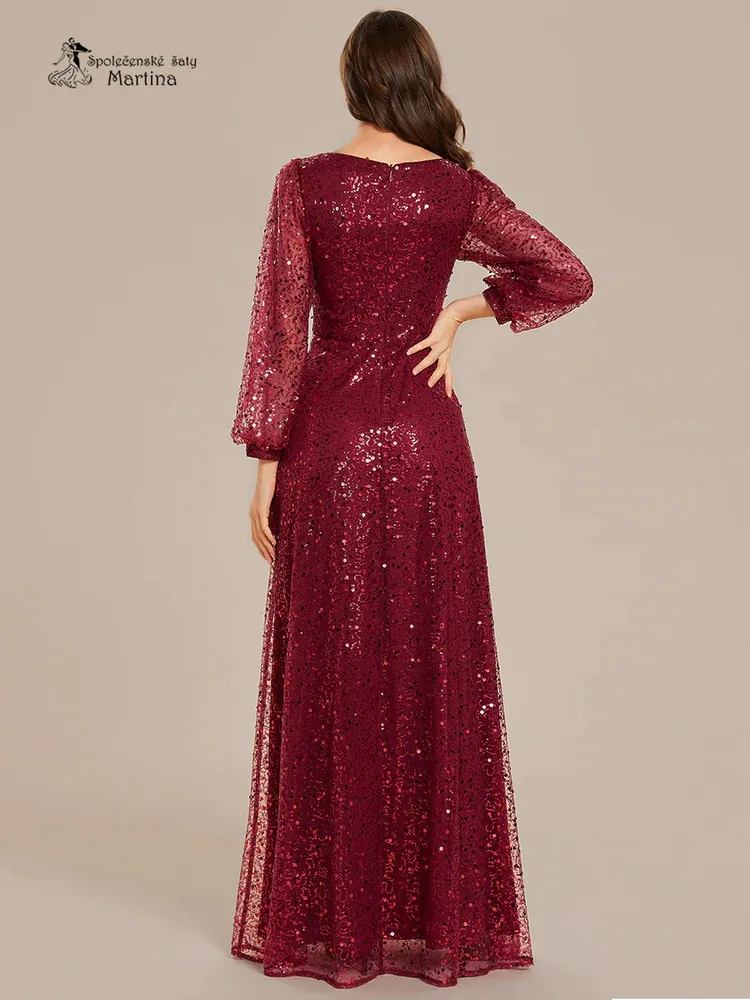 Vínové celozdobené společenské šaty s dlouhými rukávy "Careen" - vel. 40