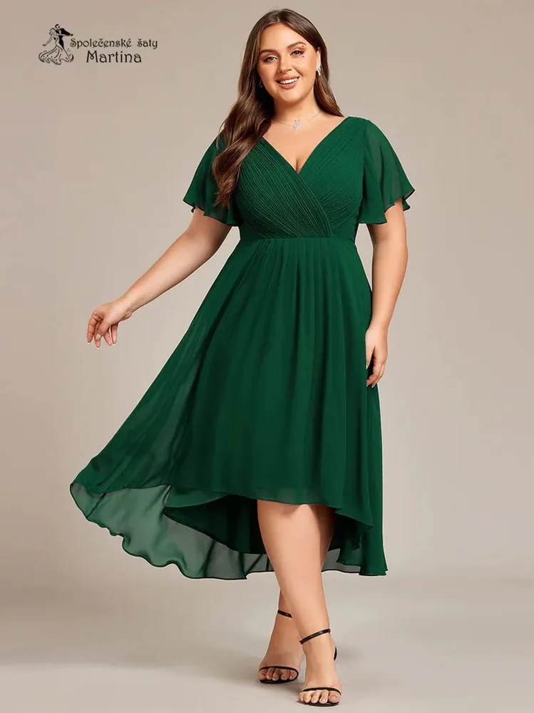 Tmavě zelené midi asymetrické šifonové šaty s volným rukávem "Debra" - vel. 50