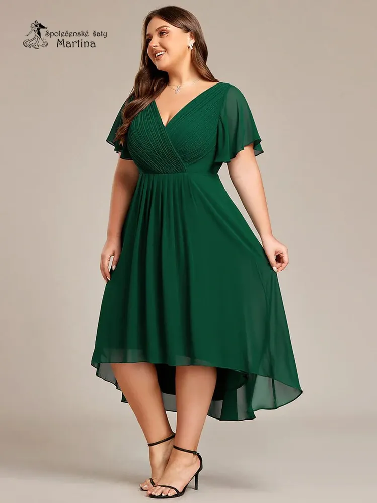 Tmavě zelené midi asymetrické šifonové šaty s volným rukávem "Debra" - vel. 50