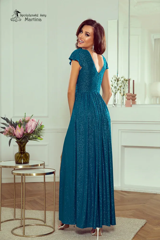 Tyrkysové třpytivé společenské šaty "Gabriela" s výstřihem do "V", rukávkem a rozparkem