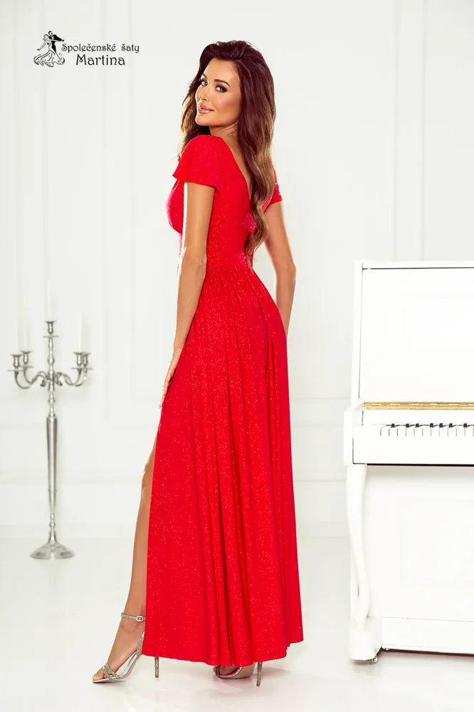Červené třpytivé společenské šaty "Gabriela" s výstřihem do "V", rukávkem a rozparkem